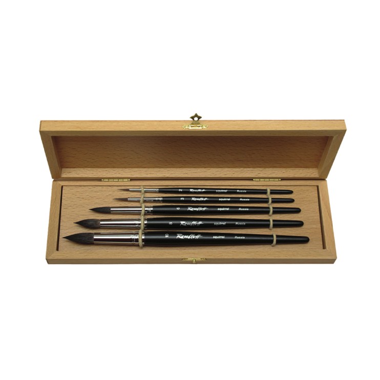 Набор  кистей белка 5 шт. в деревянном пенале (круглые, №2, 3, 6, 8, 10)