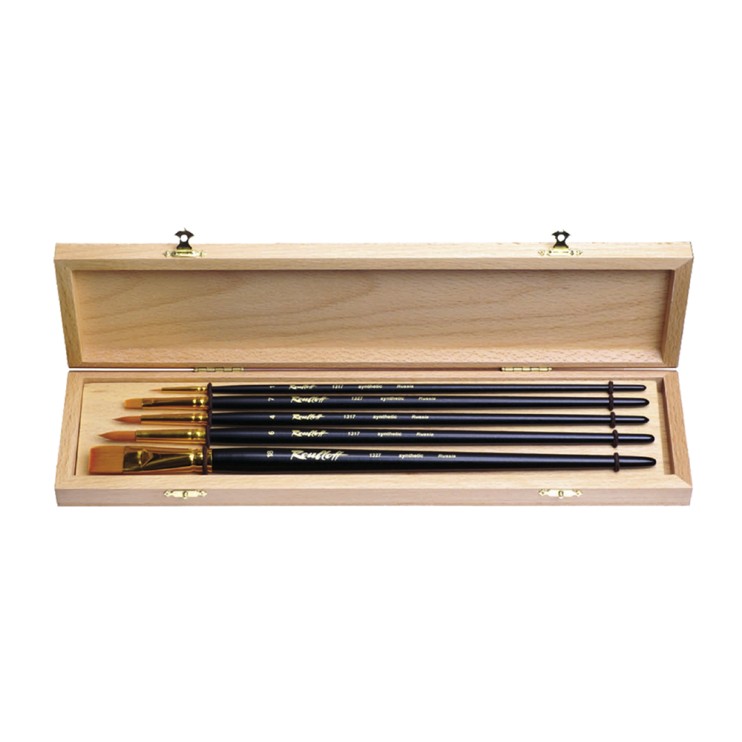 Набор кистей синтетика, удлиненная ручка 5 шт. в дерев. пенале (круглые №1, 4, 6, плоские №7, 18)