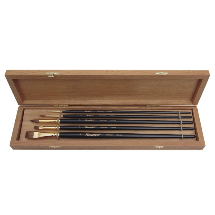 Набор  кистей колонок удл. 5 шт. в дерев. пенале (круглые №1,3,6; плоские №7,14)