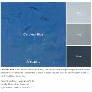 Масляная краска Gamblin "Artist" Cerulean Blue (церулеум), туба 37мл