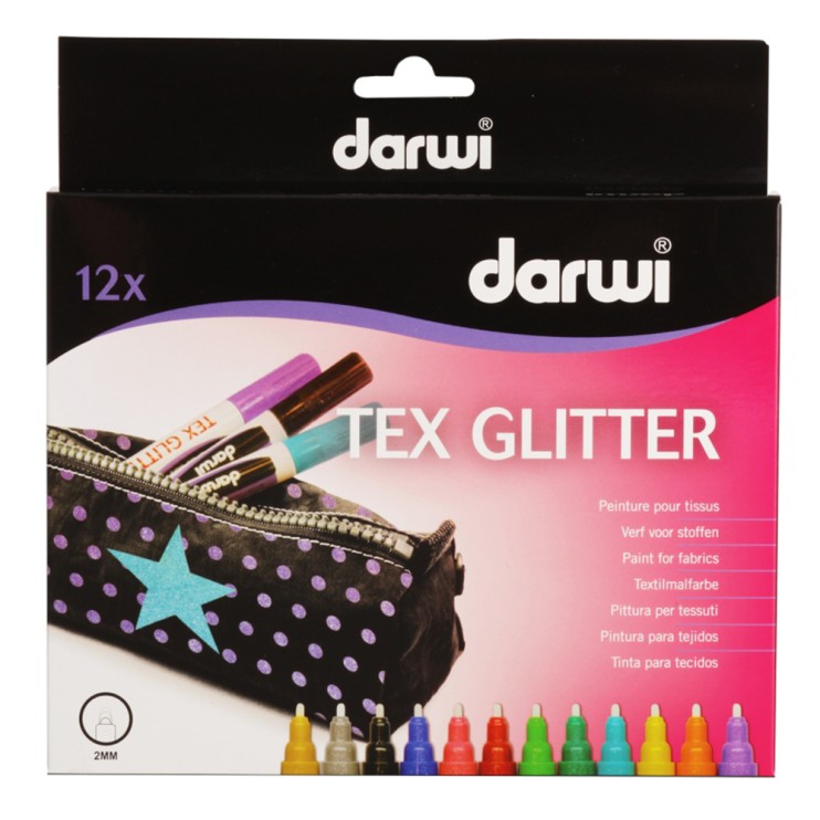 Набор маркеров по текстилю DARWI "Tex Glitter" 12 цветов по 3мл (0140012K01)