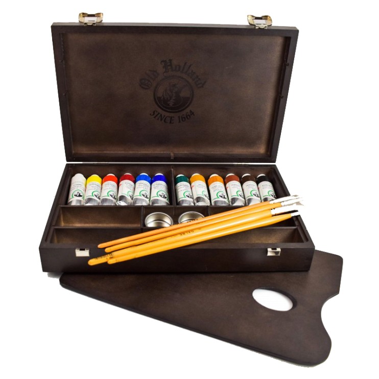 Набор масляных красок "Old Holland" 12 туб по 40 мл и аксессуары в деревянном ящике