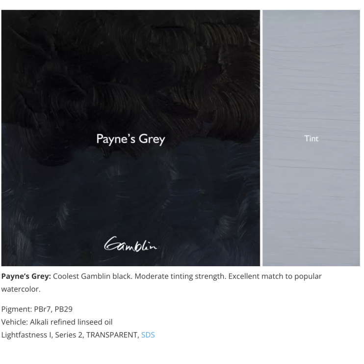 Масляная краска Gamblin "Artist" Payne's Grey (Серый Пейна), туба 37мл