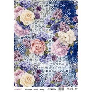 Рисовая карта для декупажа Cadence "Rice paper" 30х42см, RDP738 цветы на синей плитке