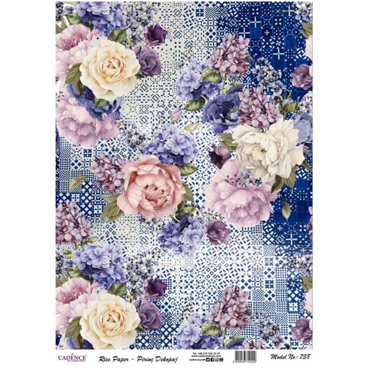 Рисовая карта "Rice paper" 30х42см, RDP738 цветы на синей плитке
