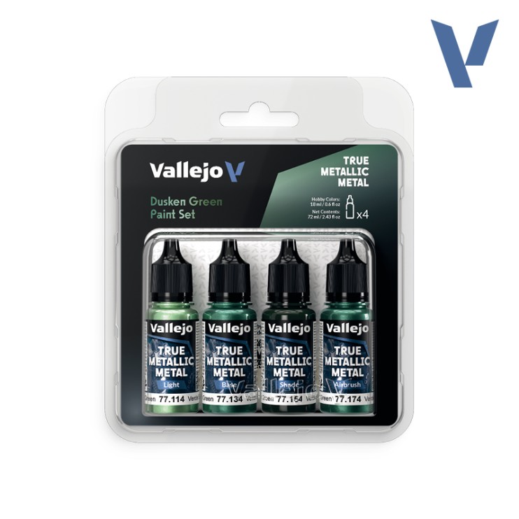 Набор из 4 красок Vallejo "True Metallic Metal" оттенки: Dusken Green