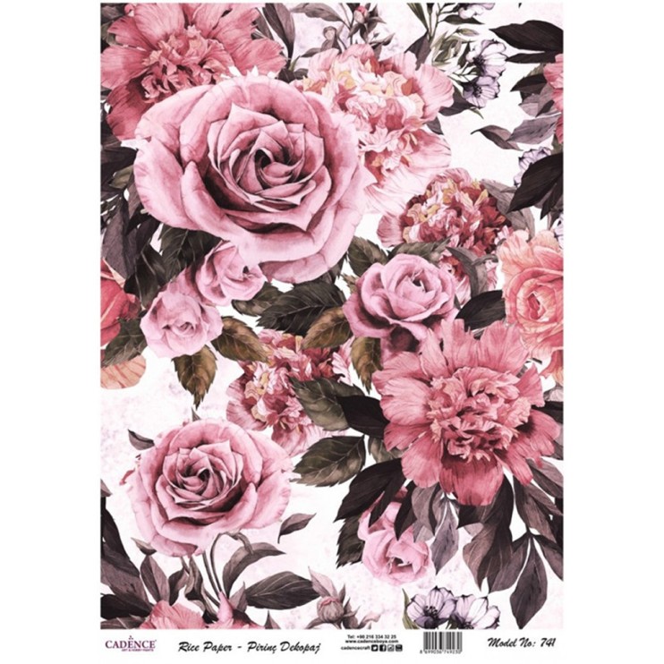 Рисовая карта "Rice paper" 30х42см, RDP741 Розы и пионы на белом