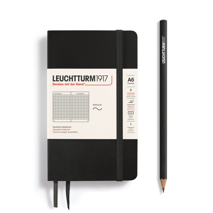 Блокнот в клетку Leuchtturm1917 "Pocket" A6, 61л, 80гр/м², мягкая обложка, Черный (329869)