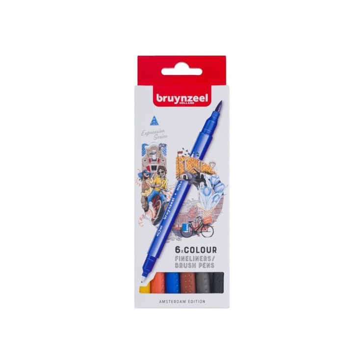 Набор линеров Bruynzeel 2in1 "Fineliners +Brushpen" 6 цвета (Амстердам)