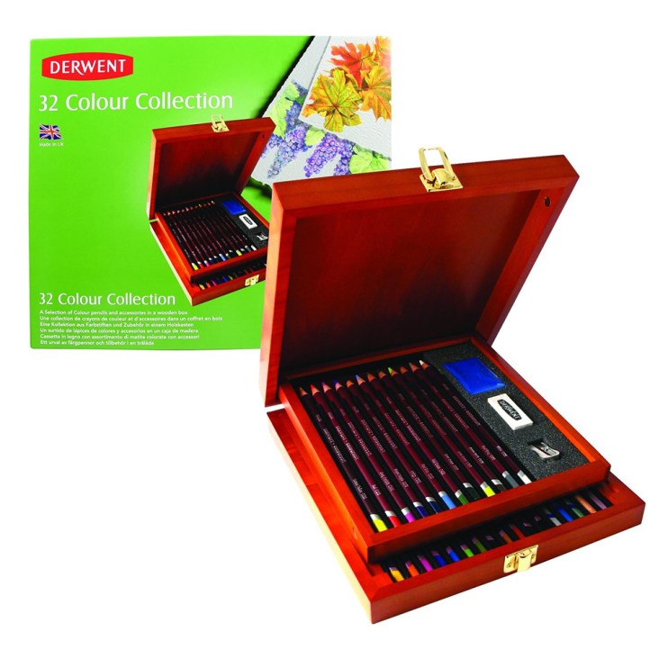 Набор для рисования Derwent "Colour Collection" 32 штуки (цветные карандаши+пастель) в деревянной коробке (0701074)
