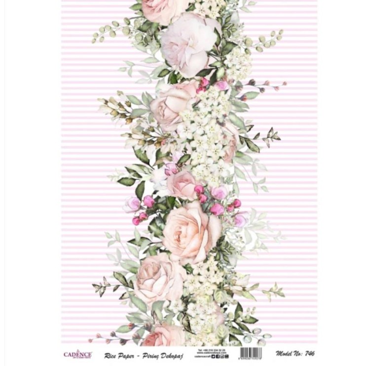Рисовая карта "Rice paper" 30х42см, RDP746 цветы на розовой полоске