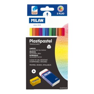 Набор цветных карандашей Milan "Plastipastel" 12 цветов, пластиковые трехгранные + ластик и точилка