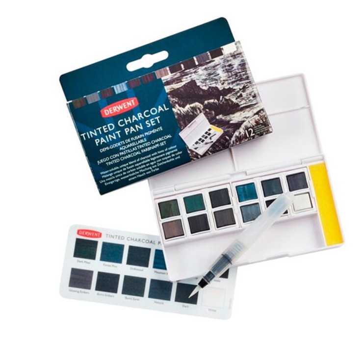Набор акварельных красок Derwent "Tinted Charcoal" 12 кювет в пластиковом пенале 