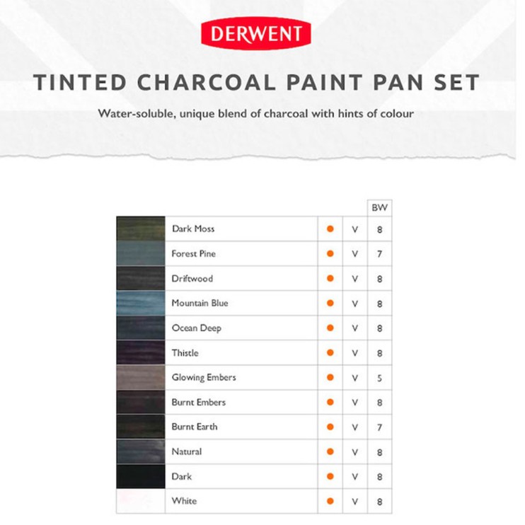 Набор акварельных красок Derwent "Tinted Charcoal" 12 кювет в пластиковом пенале 
