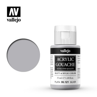 Гуашь-темпера Vallejo "Acrylic Gouache" 06.121 Серебро металлик, 35 мл