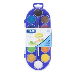 Набор акварельных красок "MILAN" 12 цветов (кюветы 30мм) + кисть в пластиковом пенале