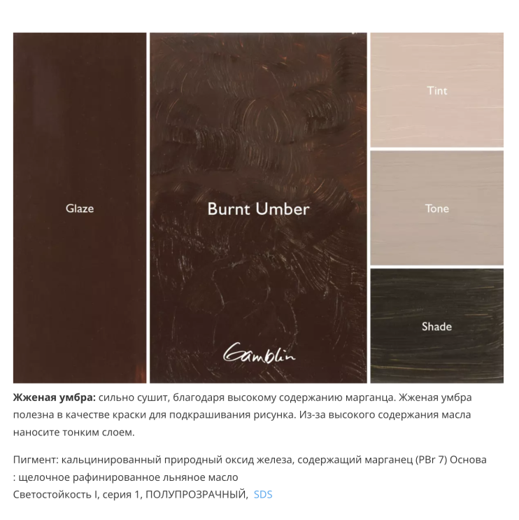 Масляная краска Gamblin "Artist" Burnt Umber (Умбра жженая), туба 37мл