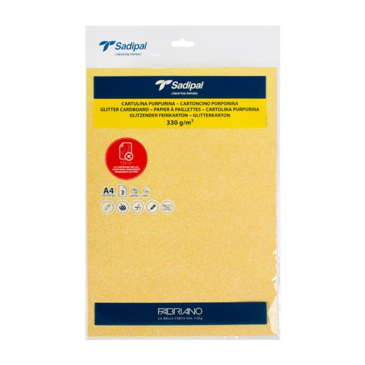 Бумага цветная с блестками Sapidal "Sirio" А4, 1л, 330г/м, цвет: Желтый
