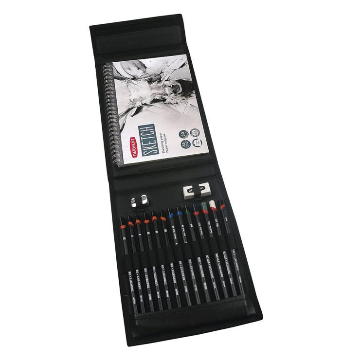 Набор графитных карандашей Derwent "Sketching Wallet" 12 штук с блокнотом А5, аксессуарами (2300218)