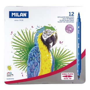 Набор двухсторонних фломастеров "Milan" 12 цветов, тонкий наконечник и кисть, металлический пенал