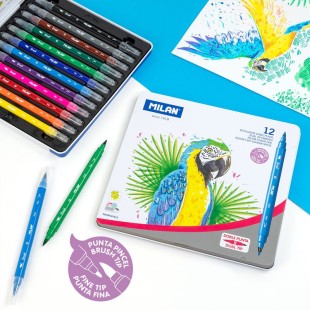 Набор двухсторонних фломастеров "Milan" 12 цветов, тонкий наконечник и кисть, металлический пенал