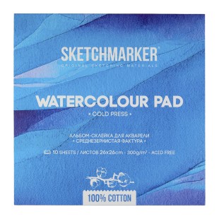 Склейка для акварели Sketchmarker "Watercolour pad" среднее зерно, 26x26см, 10л, 300г/м.кв (100% хлопок)