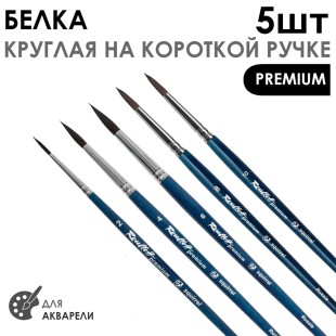 Набор кистей белка круглая "Premium" 5 штук (#2, 4, 6, 8, 10) короткая ручка