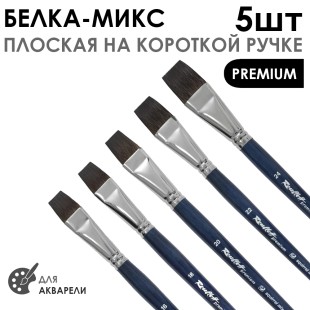 Набор кистей белка- микс плоская «Premium» 5 штук (#16, 18, 20, 22, 24) короткая ручка
