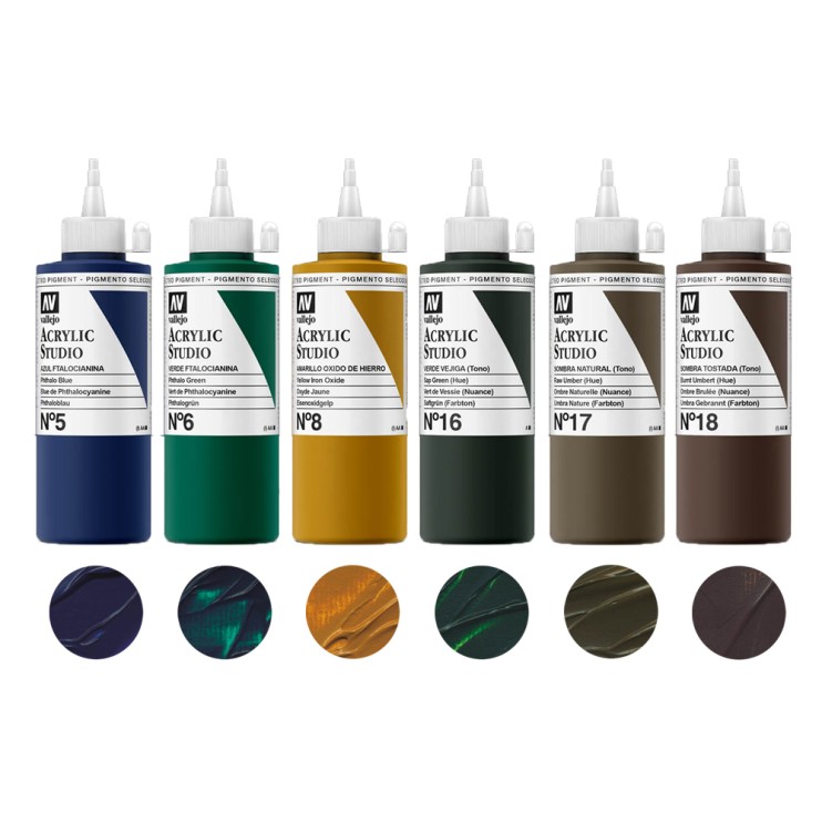 Набор акриловых красок Vallejo "Studio" 6 штук (№005, 006, 008, 016, 017, 018) по 200мл