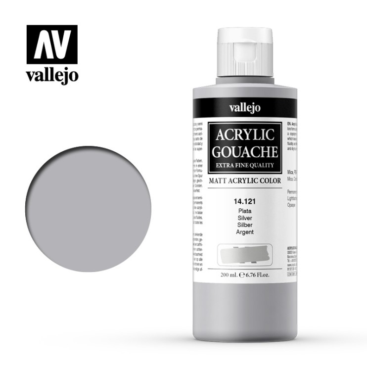 Гуашь-темпера Vallejo "Acrylic Gouache" 14.121 Серебро металлик, 200 мл