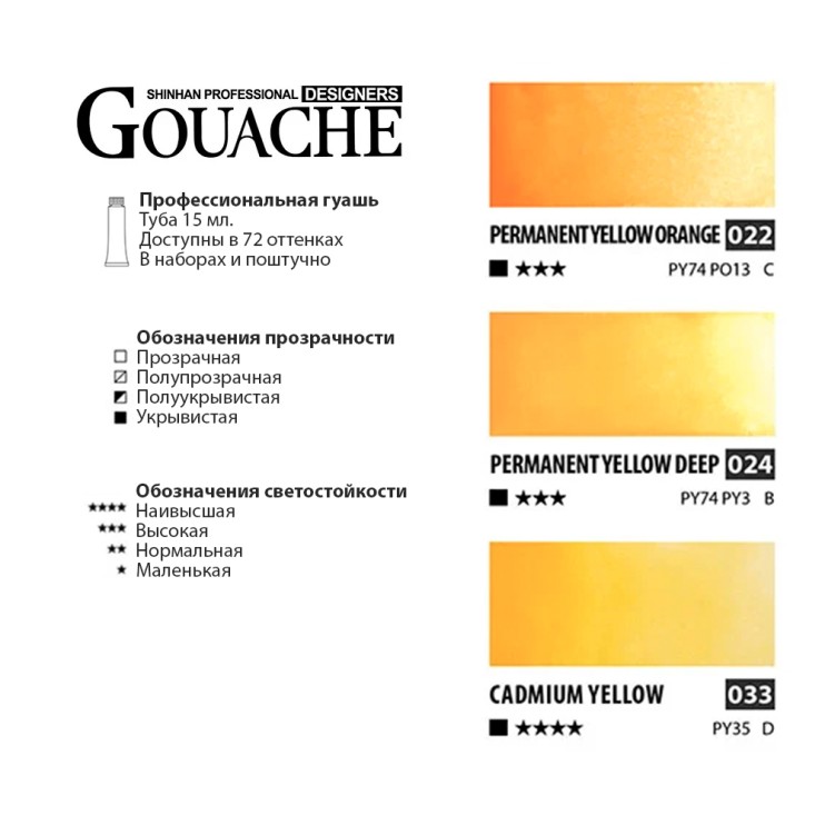 Гуашь Shinhan "Designers GOUACHE" 3 желтых оттенка (№022, 024, 033) по 15мл