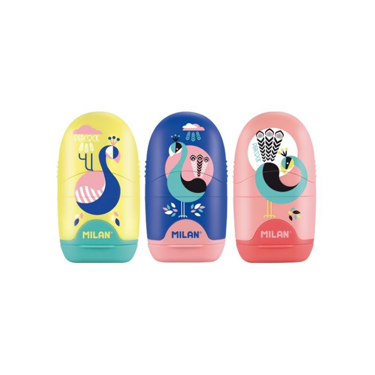 Ластик каучуковый Milan "Cuddles Peacock" с точилкой для карандашей