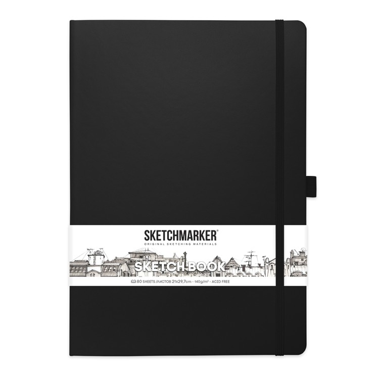 Блокнот для зарисовок Sketchmarker А4, 80л,140гр/м², твердая обложка,Черный