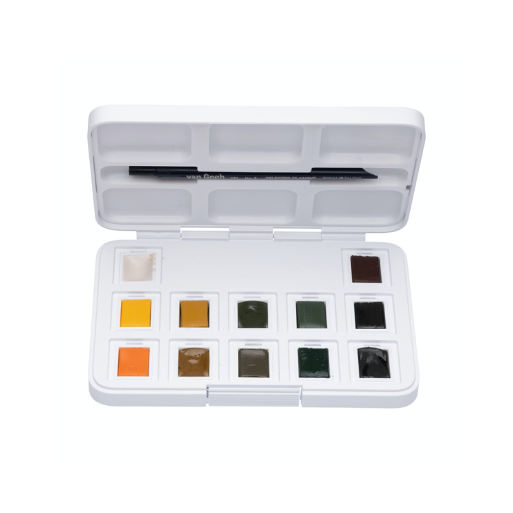 Набор акварельных красок Van Gogh "Shades of Nature" 12 кювет + кисть в пластиковом пенале (цвета природы)