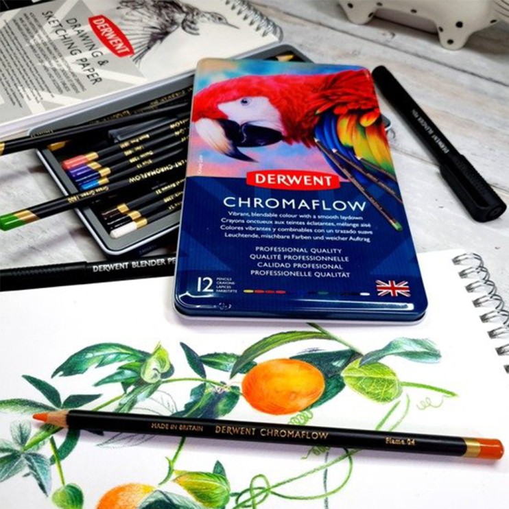 Набор цветных карандашей Derwent "Chromaflow" 12 цветов в металлическом коробе (2305856)