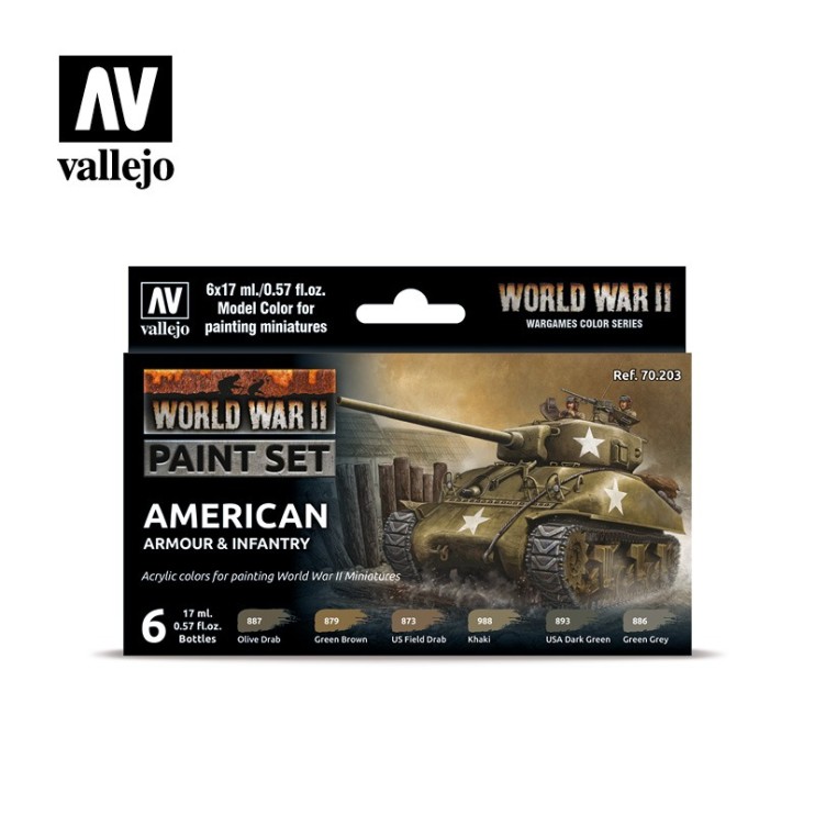 Набор Vallejo Wargames Color "WWII American Armour & Infantry" 70.203, 6 красок по 17 мл