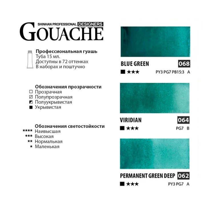 Гуашь Shinhan "Designers GOUACHE" 3 бирюзовых оттенка (№068, 064, 062) по 15мл