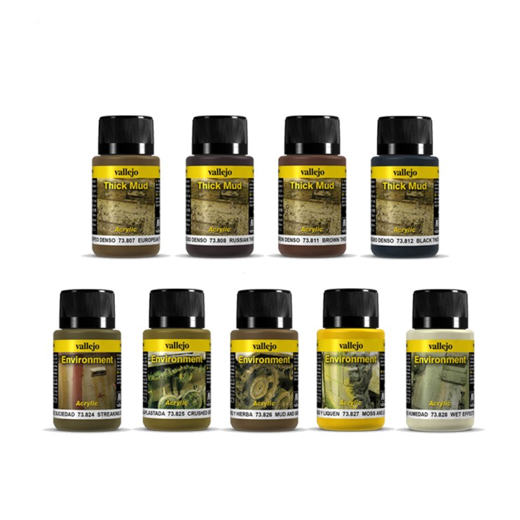 Набор красок для сборных моделей Vallejo, серия "Weathering Effects", №5 Combination "Thick Mud & Enviroment" 9 цветов, 40 мл