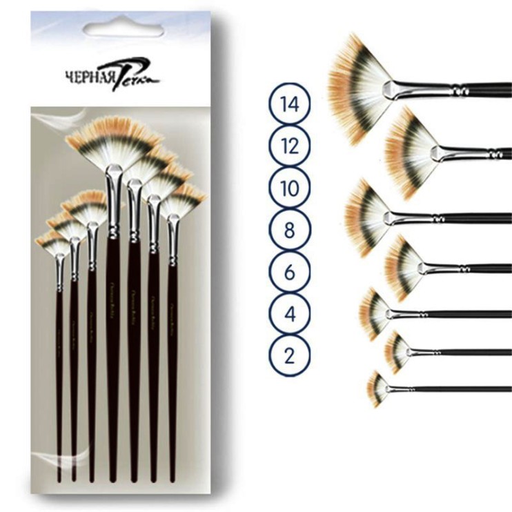Набор веерных кистей из синтетики "Chernaya Rechka" 7 штук (2, 4, 6, 8, 10, 12, 14) на удлиненной ручке
