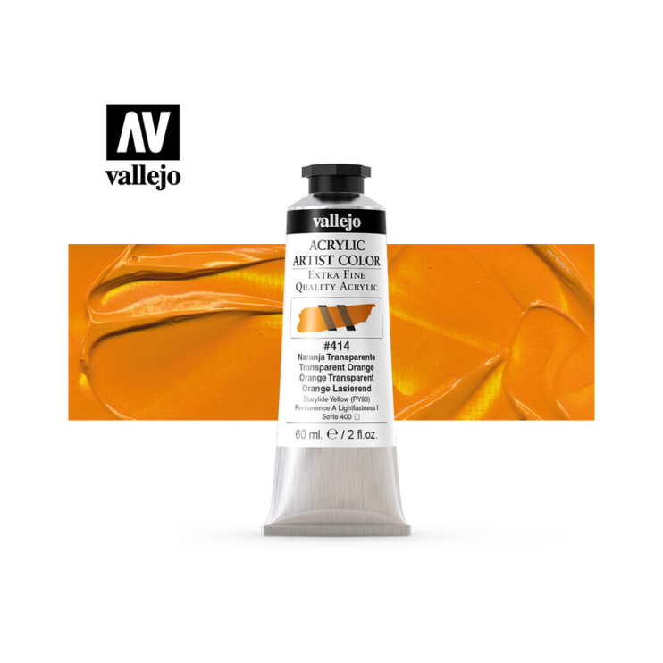 Акрил Vallejo "Artist color" #414 Transparent Orange/ Оранжевый прозрачный (60мл)