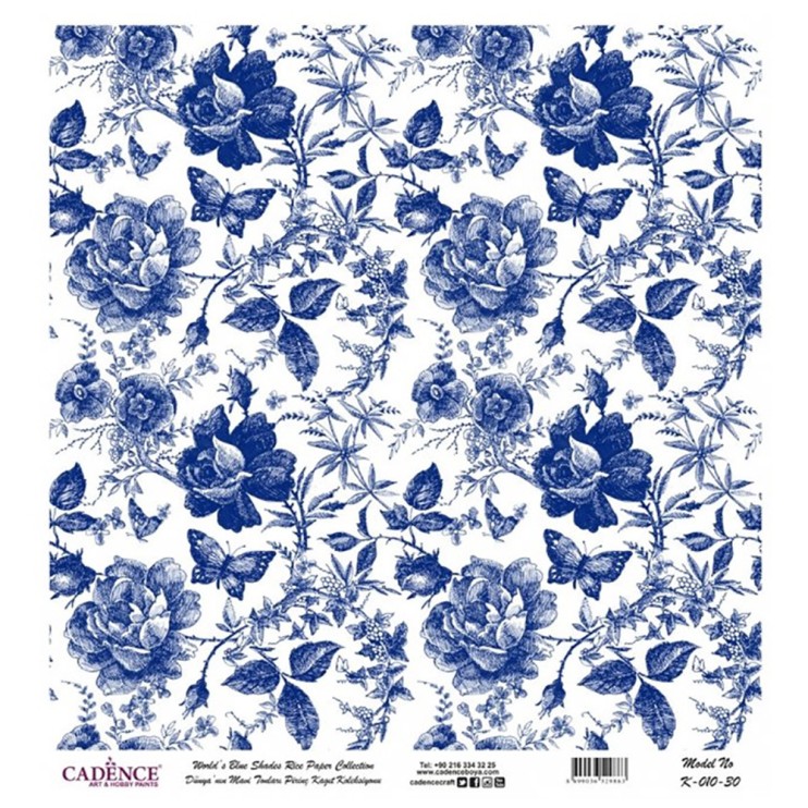 Рисовая карта "Blue shades" 30х30см, K-010 бабочки в цветах фон