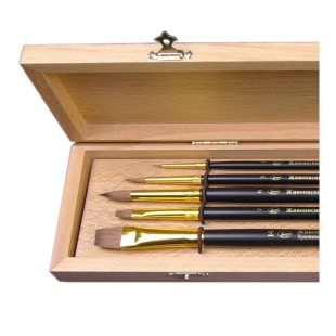 Набор кистей из колонка "№4" 5 штук на длинной ручке в шкатулке