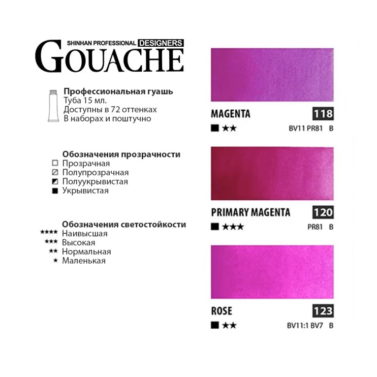Гуашь Shinhan "Designers GOUACHE" 3 маджента оттенка (№118, 120, 123) по 15мл