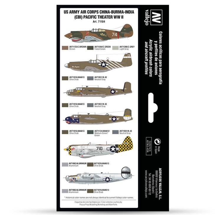 Набор 8 красок Model Air "US Army Air Corps China-Burma-India (CBI) Pacific Theather WWII" 71.184