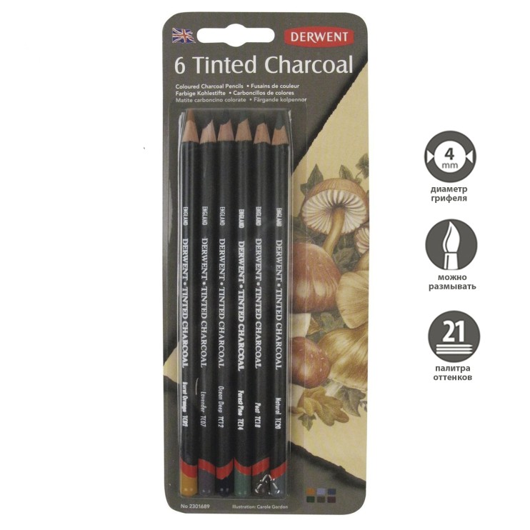 Набор угольных карандашей Derwent "Tinted Charcoal" 6 штук в блистере (2301689)