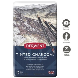 Набор угольных карандашей Derwent "Tinted Charcoal" 12 штук в металлическом пенале
